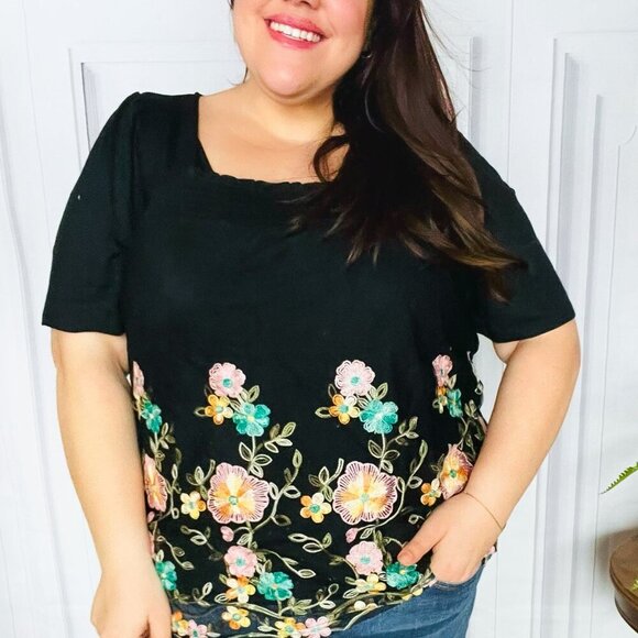 NWT Black Floral Embroidery and Lace Smocked Top - Picture 7 of 15